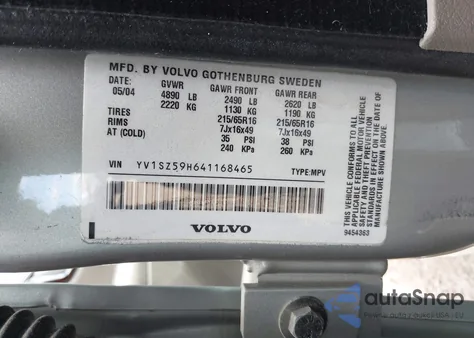 2004 Volvo Xc70 2.5T из США, поврежденный, VIN YV1SZ59H641168465